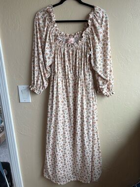 Hutch x Maxey Greene Floral Smocked Midi Dress in Cream with Rust Floral Print